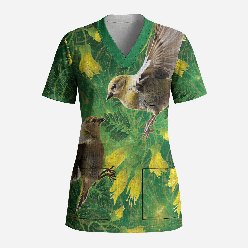 Bellbird New Zealand Personalised Scrub Top Kowhai Flower Maori Pattern LT22 Adult Green - Polynesian Pride