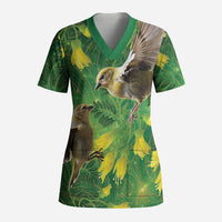 Bellbird New Zealand Personalised Scrub Top Kowhai Flower Maori Pattern LT22 Adult Green - Polynesian Pride