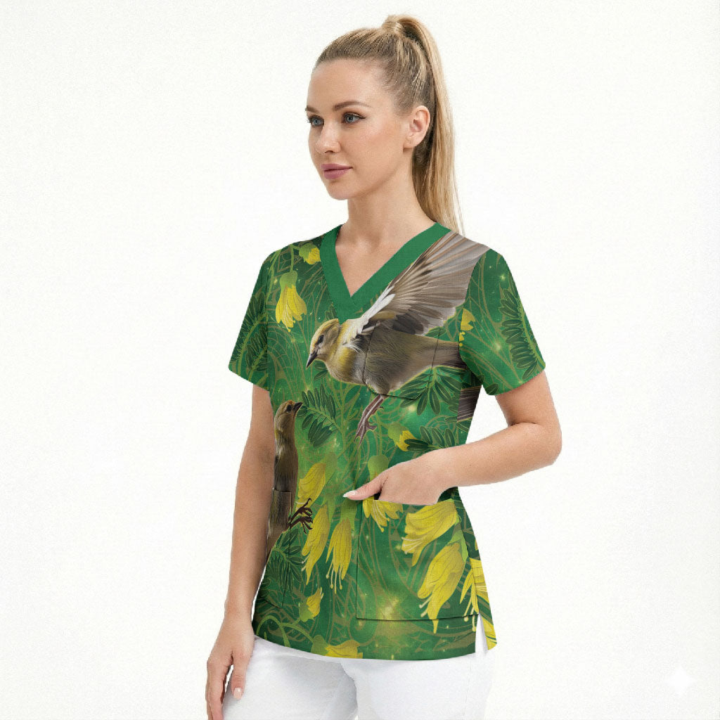 Bellbird New Zealand Personalised Scrub Top Kowhai Flower Maori Pattern LT22 - Polynesian Pride