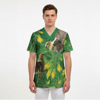 Bellbird New Zealand Personalised Scrub Top Kowhai Flower Maori Pattern LT22 - Polynesian Pride