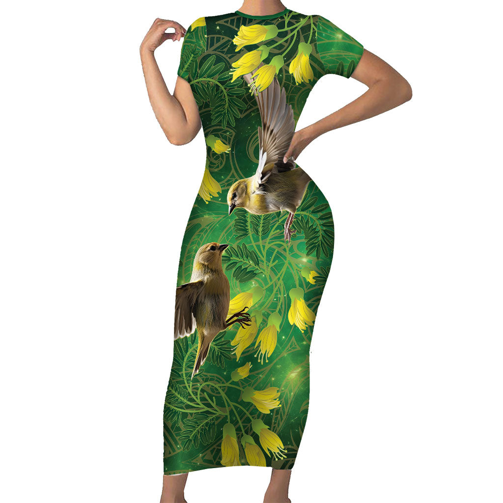 Bellbird New Zealand Personalised Short Sleeve Bodycon Dress Kowhai Flower Maori Pattern LT22 Long Dress Green - Polynesian Pride