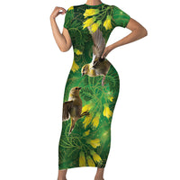 Bellbird New Zealand Personalised Short Sleeve Bodycon Dress Kowhai Flower Maori Pattern LT22 Long Dress Green - Polynesian Pride