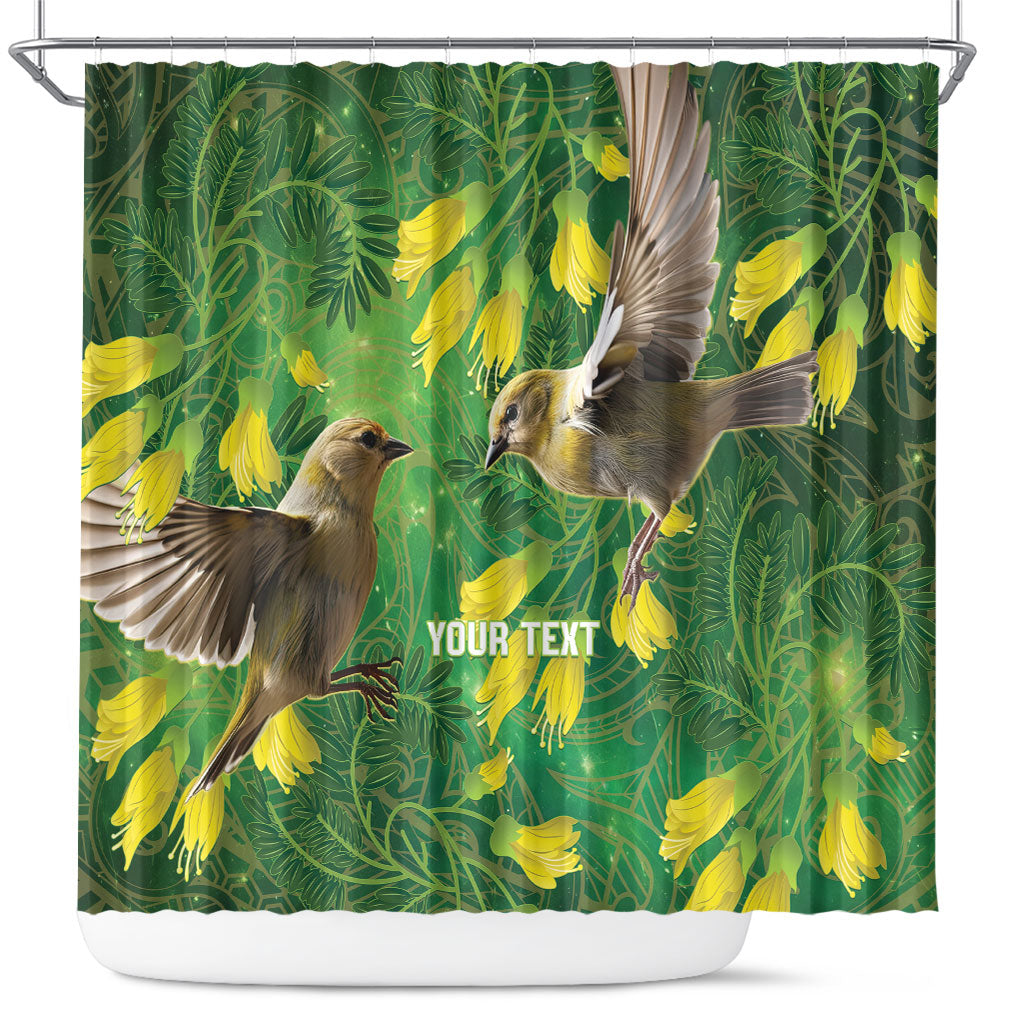 Bellbird New Zealand Personalised Shower Curtain Kowhai Flower Maori Pattern LT22 Green - Polynesian Pride