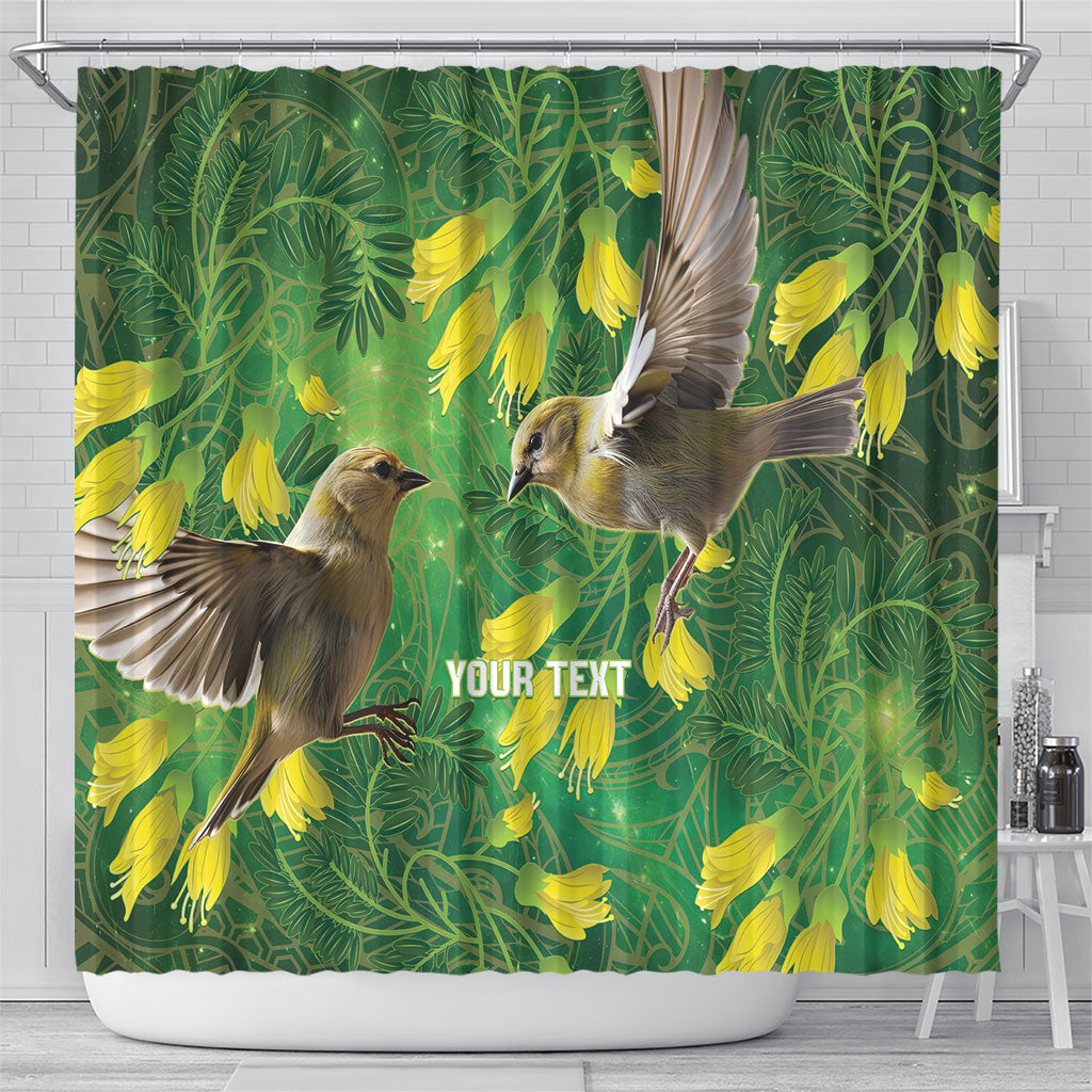 Bellbird New Zealand Personalised Shower Curtain Kowhai Flower Maori Pattern LT22 - Polynesian Pride