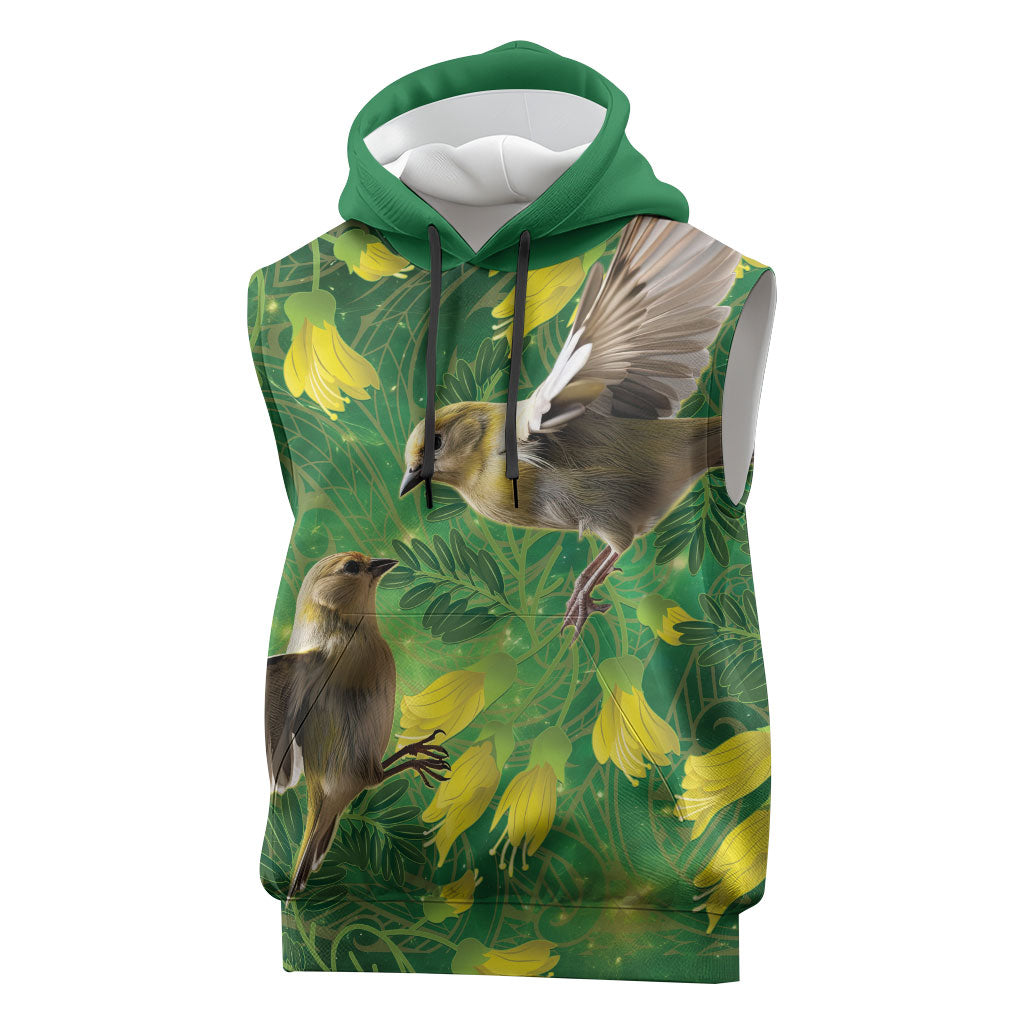 Bellbird New Zealand Personalised Sleeveless Hoodie Kowhai Flower Maori Pattern LT22 Green - Polynesian Pride