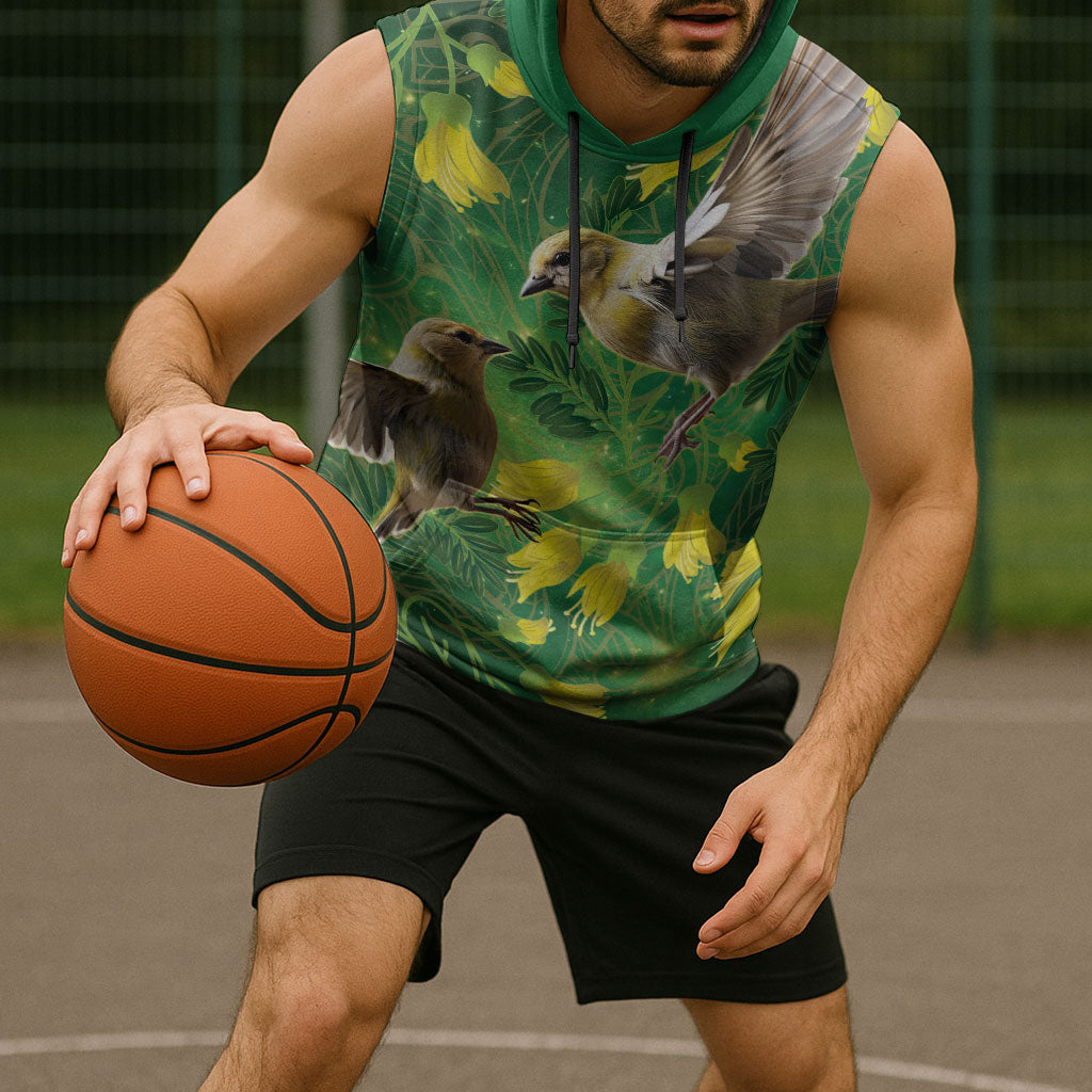 Bellbird New Zealand Personalised Sleeveless Hoodie Kowhai Flower Maori Pattern LT22 - Polynesian Pride