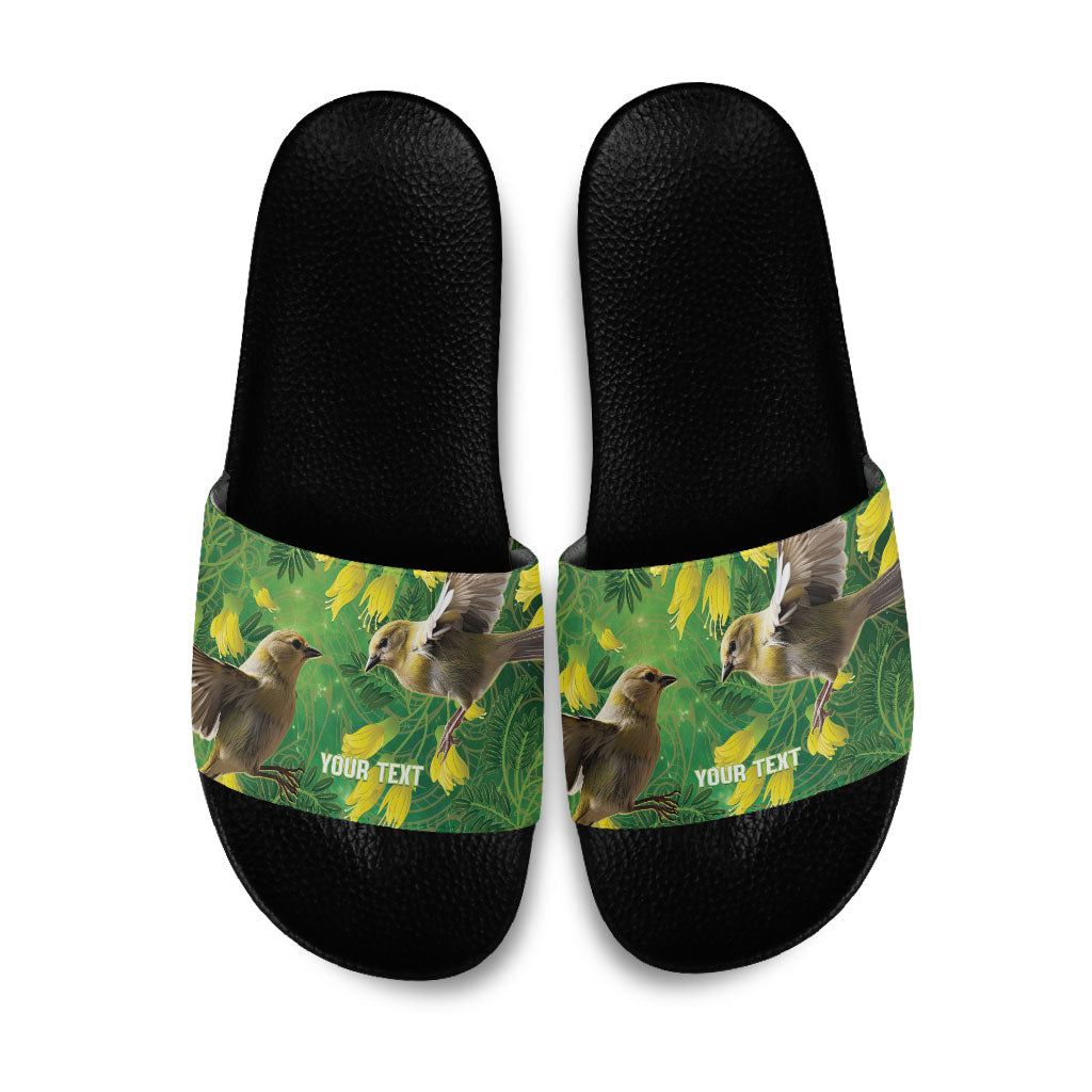 Bellbird New Zealand Personalised Slide Sandals Kowhai Flower Maori Pattern LT22 Green - Polynesian Pride