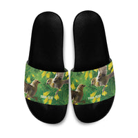 Bellbird New Zealand Personalised Slide Sandals Kowhai Flower Maori Pattern LT22 Green - Polynesian Pride