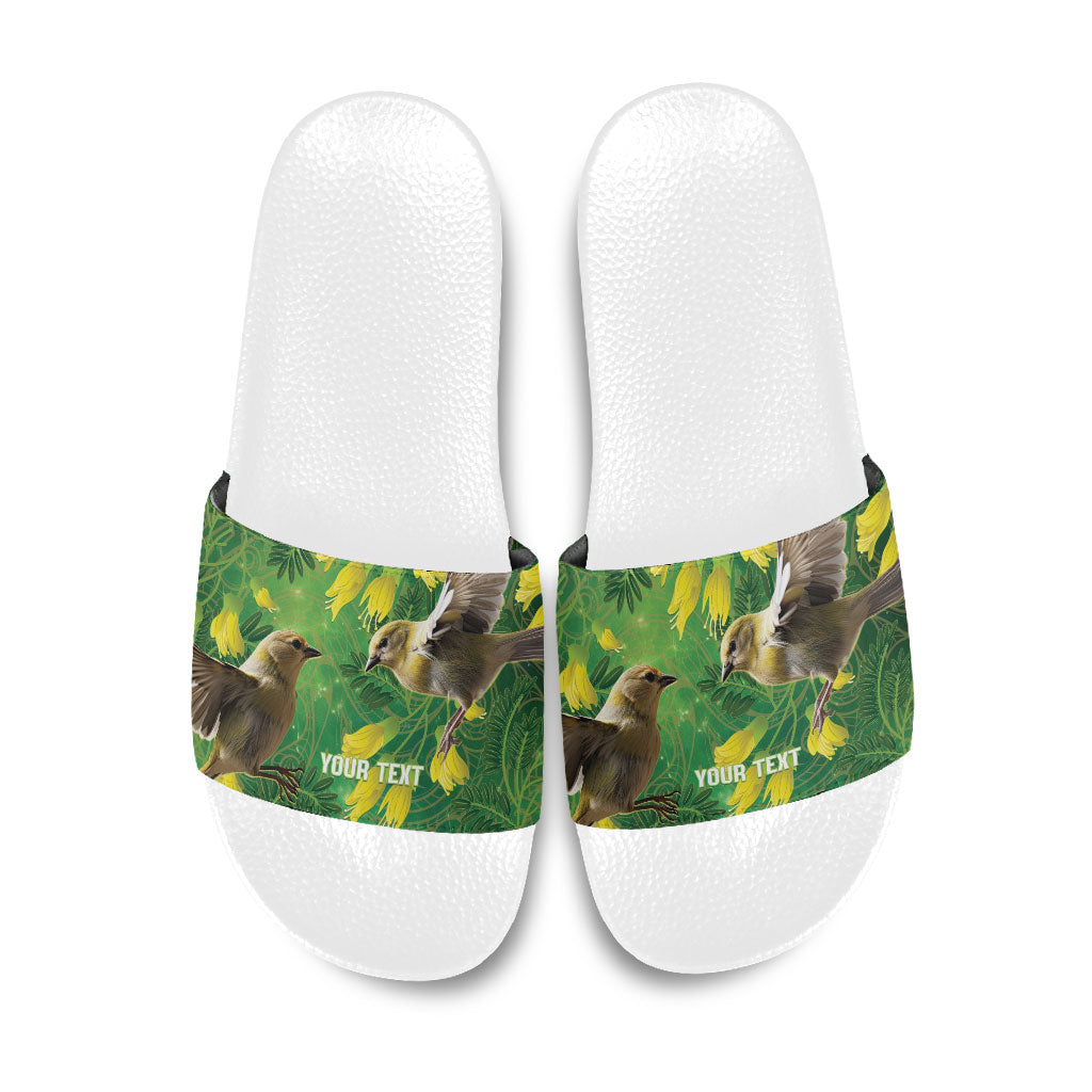 Bellbird New Zealand Personalised Slide Sandals Kowhai Flower Maori Pattern LT22 Green - Polynesian Pride