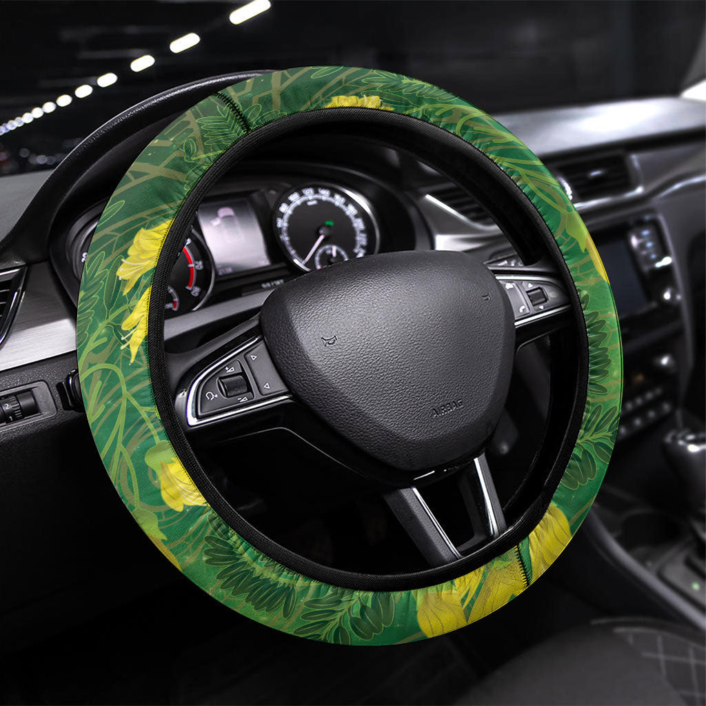 Bellbird New Zealand Steering Wheel Cover Kowhai Flower Maori Pattern LT22 Universal Fit Green - Polynesian Pride