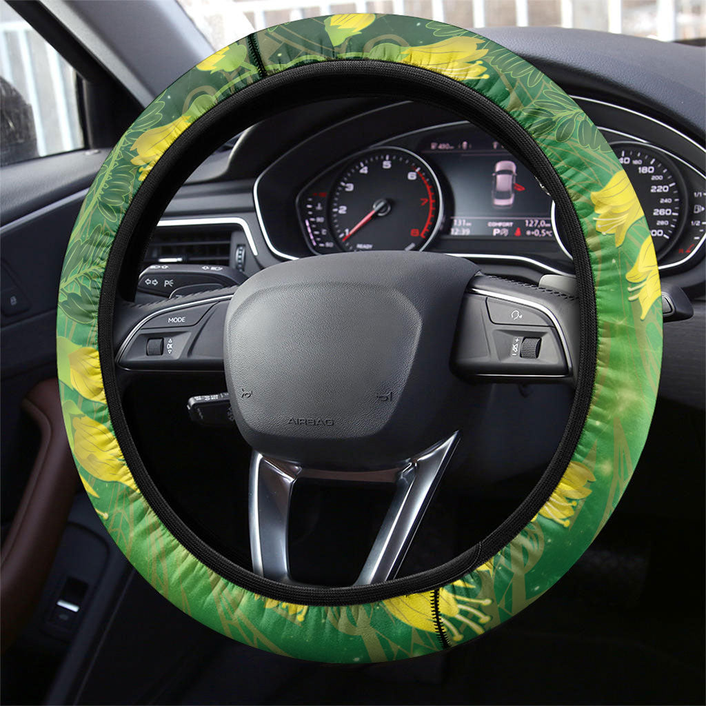 Bellbird New Zealand Steering Wheel Cover Kowhai Flower Maori Pattern LT22 - Polynesian Pride