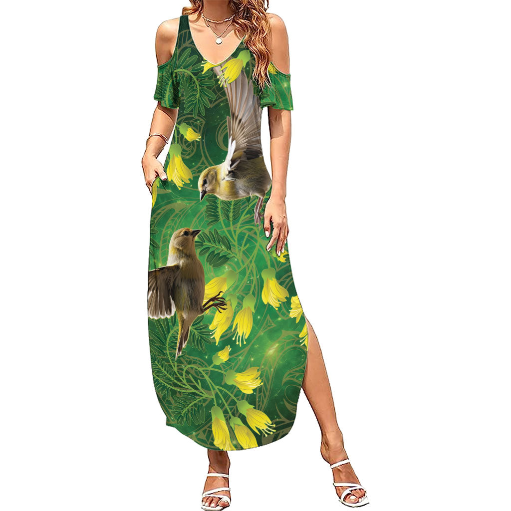 Bellbird New Zealand Personalised Summer Maxi Dress Kowhai Flower Maori Pattern LT22 Women Green - Polynesian Pride