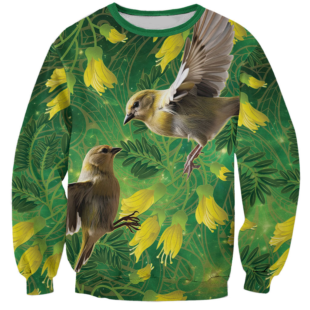 Bellbird New Zealand Personalised Sweatshirt Kowhai Flower Maori Pattern LT22 Unisex Green - Polynesian Pride