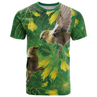 Bellbird New Zealand Personalised T Shirt Kowhai Flower Maori Pattern LT22 Green - Polynesian Pride