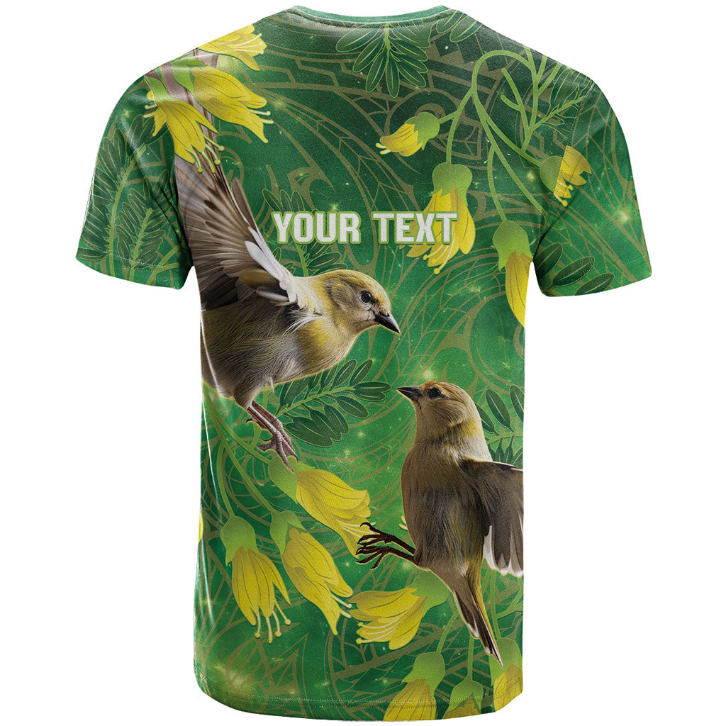 Bellbird New Zealand Personalised T Shirt Kowhai Flower Maori Pattern LT22 - Polynesian Pride