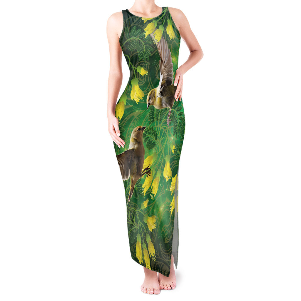Bellbird New Zealand Personalised Tank Maxi Dress Kowhai Flower Maori Pattern LT22 Women Green - Polynesian Pride