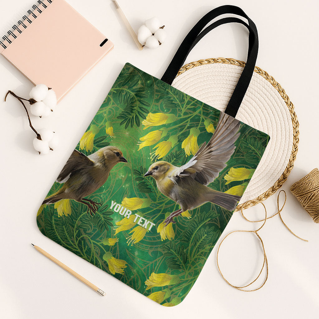 Bellbird New Zealand Personalised Tote Bag Kowhai Flower Maori Pattern LT22 Black Strap One Size Green - Polynesian Pride