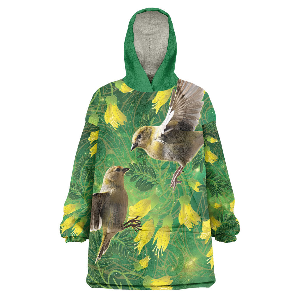 Bellbird New Zealand Personalised Wearable Blanket Hoodie Kowhai Flower Maori Pattern LT22 One Size Green - Polynesian Pride