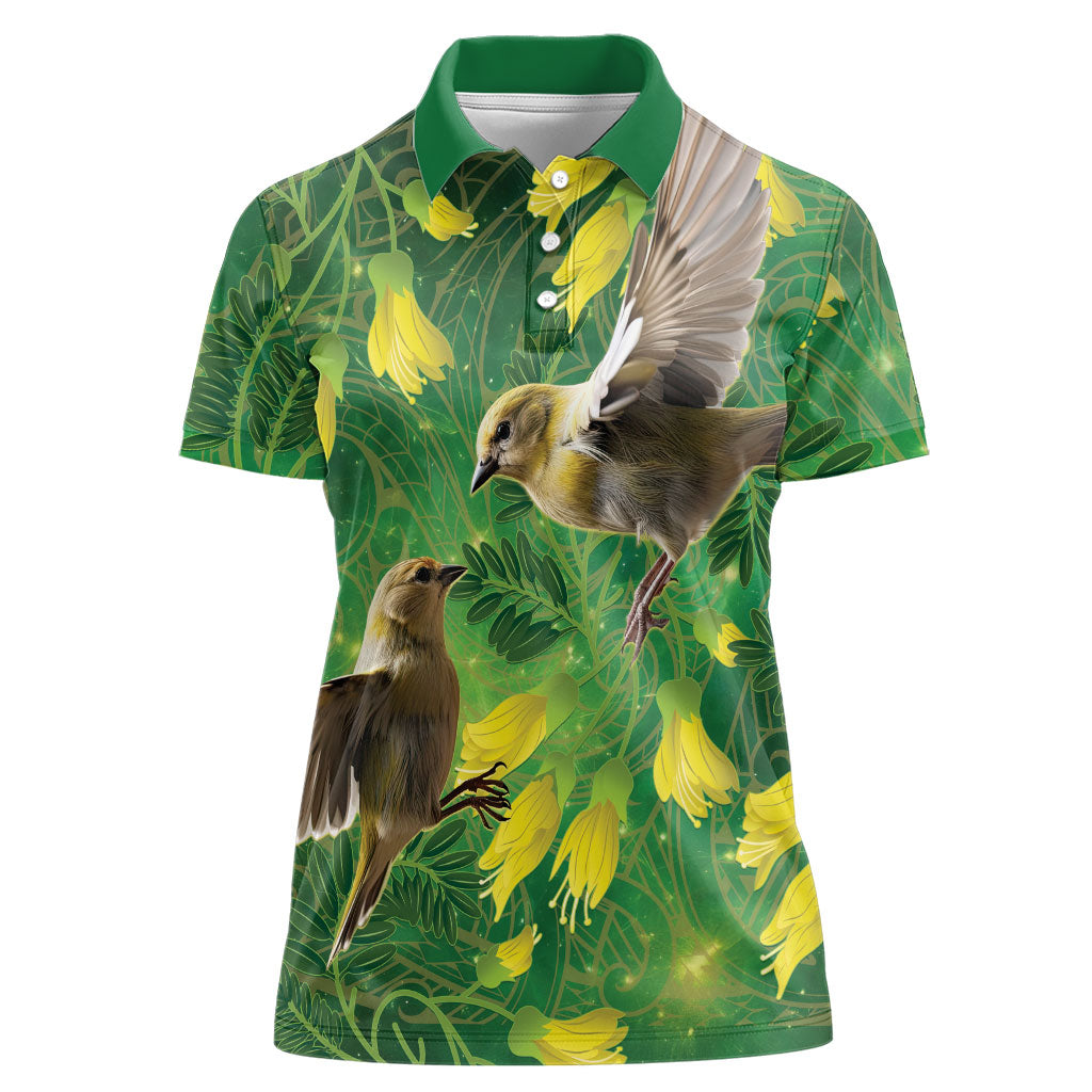 Bellbird New Zealand Personalised Women Polo Shirt Kowhai Flower Maori Pattern LT22 Female Green - Polynesian Pride