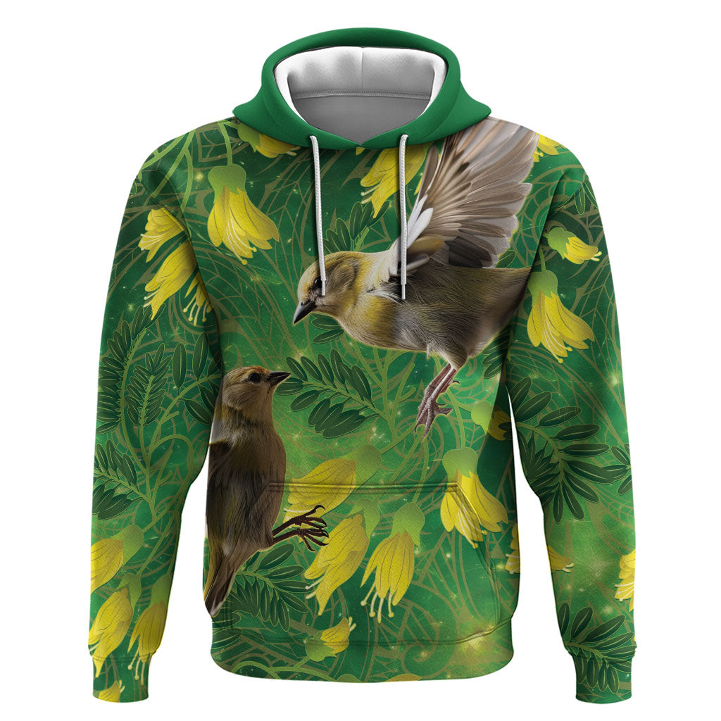 Bellbird New Zealand Personalised Zip Hoodie Kowhai Flower Maori Pattern LT22 Pullover Hoodie Green - Polynesian Pride