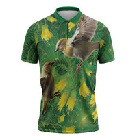 Bellbird New Zealand Personalised Zipper Polo Shirt Kowhai Flower Maori Pattern LT22 Green - Polynesian Pride