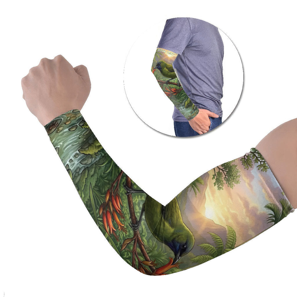 Bellbird New Zealand Personalised Arm Sleeves Korimako Harakeke Flower Native Forest LT22 Set of 2 Green - Polynesian Pride