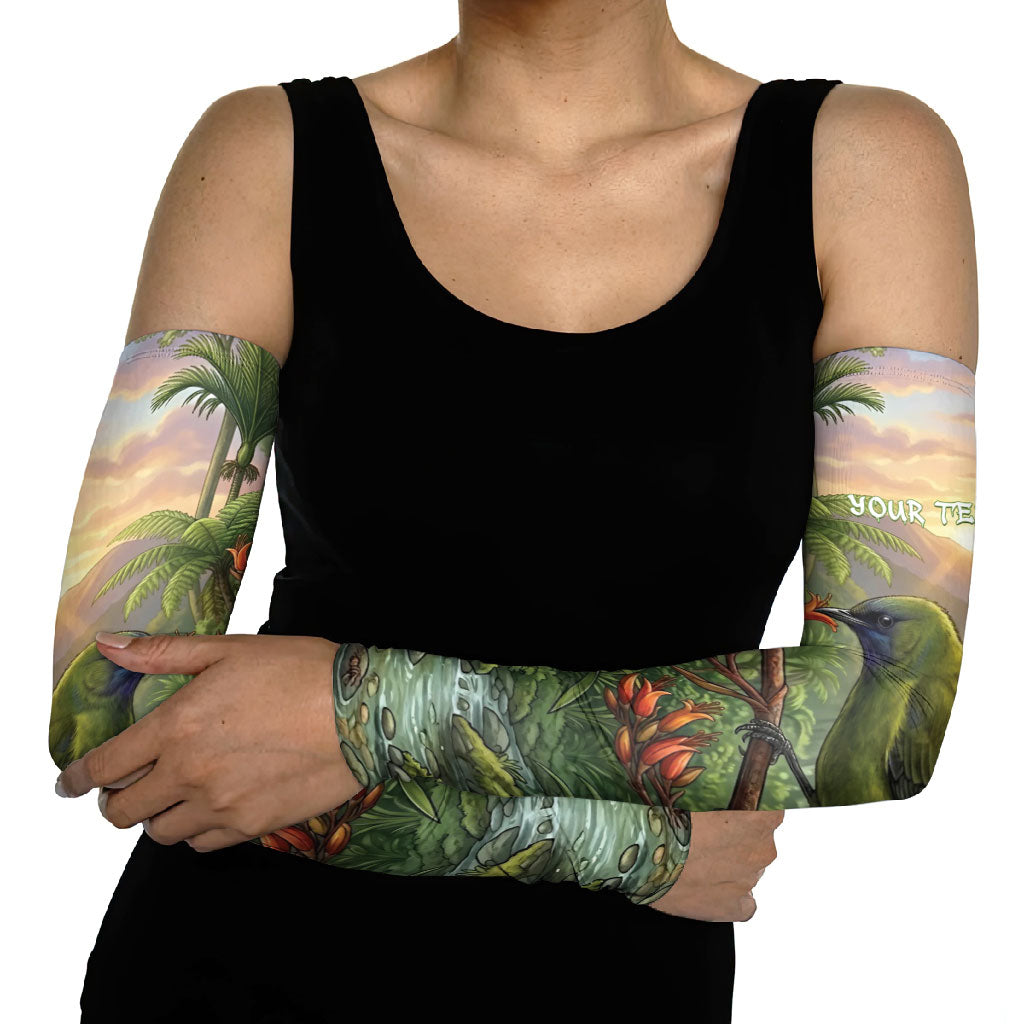 Bellbird New Zealand Personalised Arm Sleeves Korimako Harakeke Flower Native Forest LT22 - Polynesian Pride
