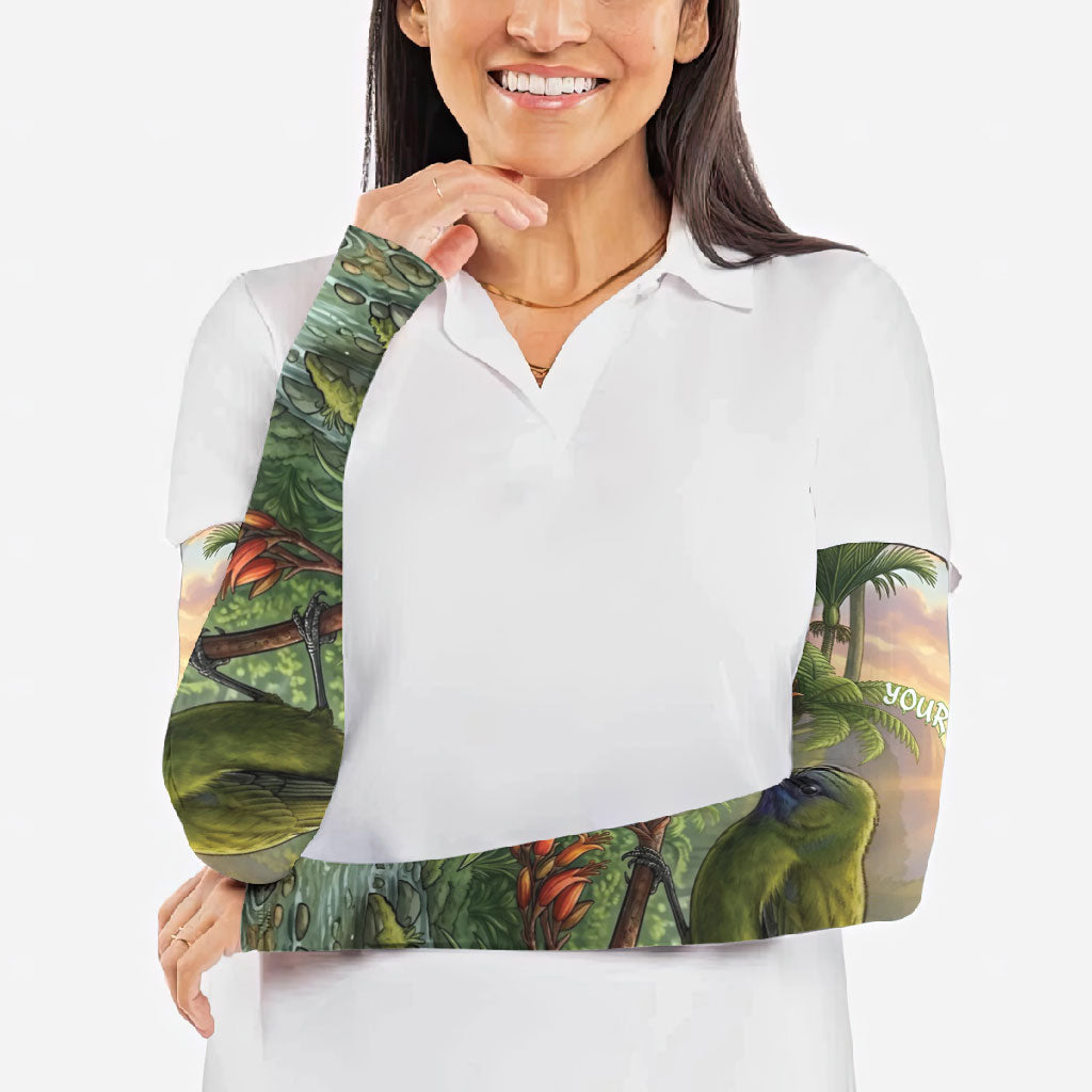 Bellbird New Zealand Personalised Arm Sleeves Korimako Harakeke Flower Native Forest LT22 - Polynesian Pride