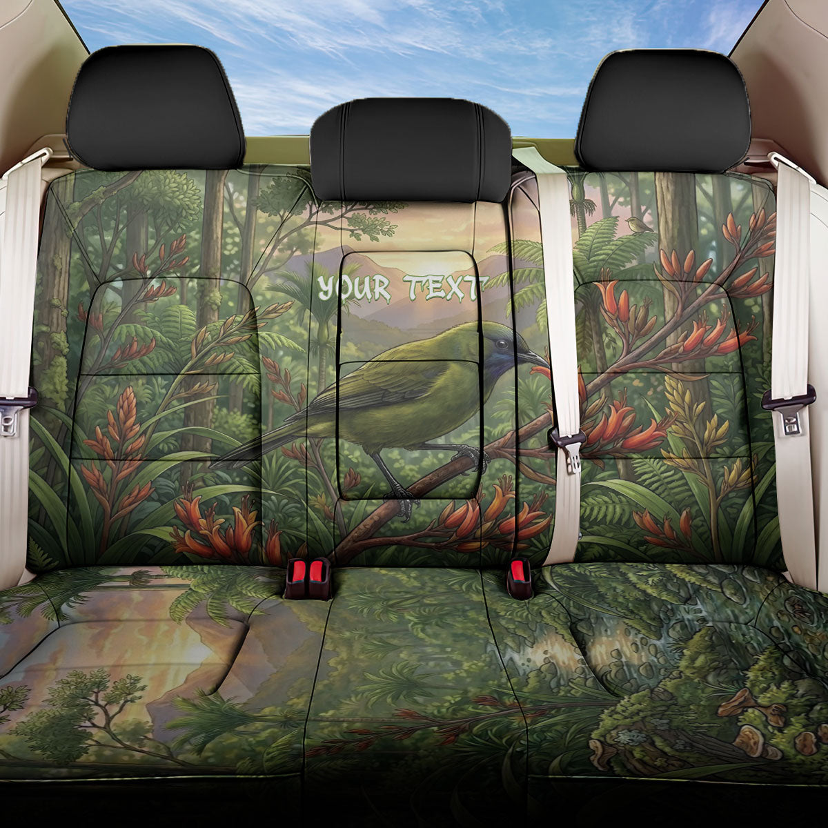 Bellbird New Zealand Personalised Back Car Seat Cover Korimako Harakeke Flower Native Forest LT22 One Size Green - Polynesian Pride