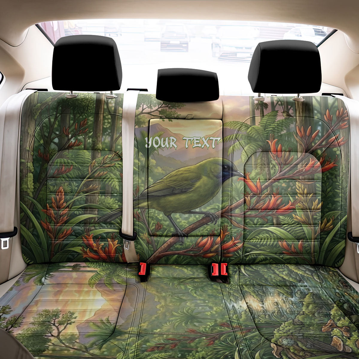 Bellbird New Zealand Personalised Back Car Seat Cover Korimako Harakeke Flower Native Forest LT22 - Polynesian Pride