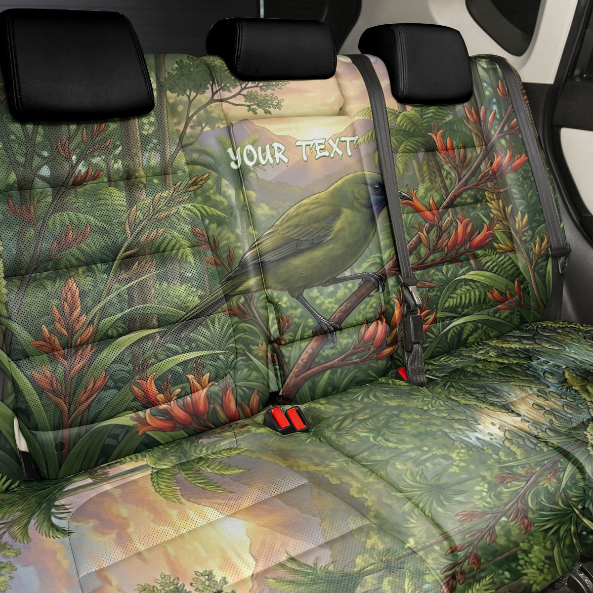 Bellbird New Zealand Personalised Back Car Seat Cover Korimako Harakeke Flower Native Forest LT22 - Polynesian Pride