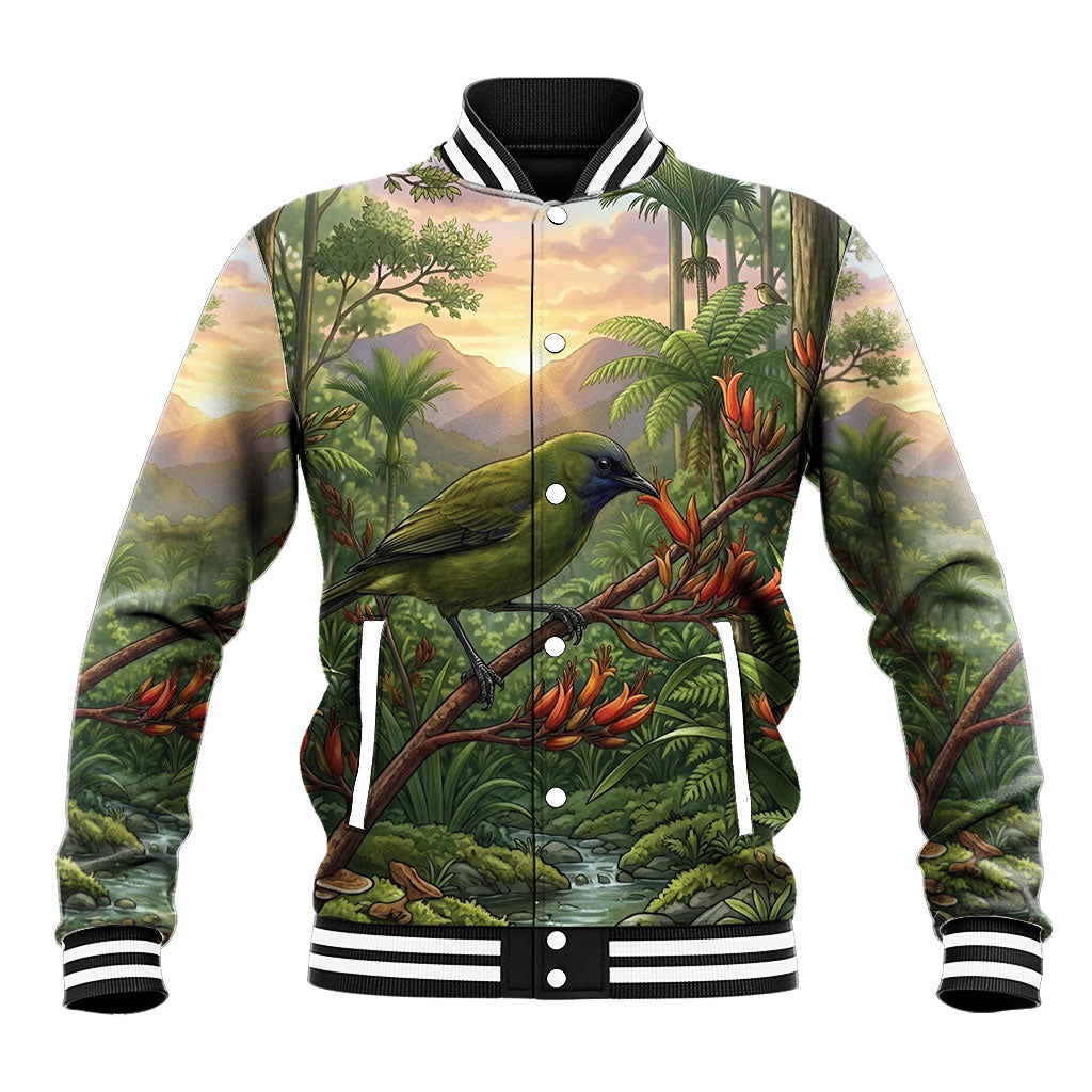 Bellbird New Zealand Personalised Baseball Jacket Korimako Harakeke Flower Native Forest