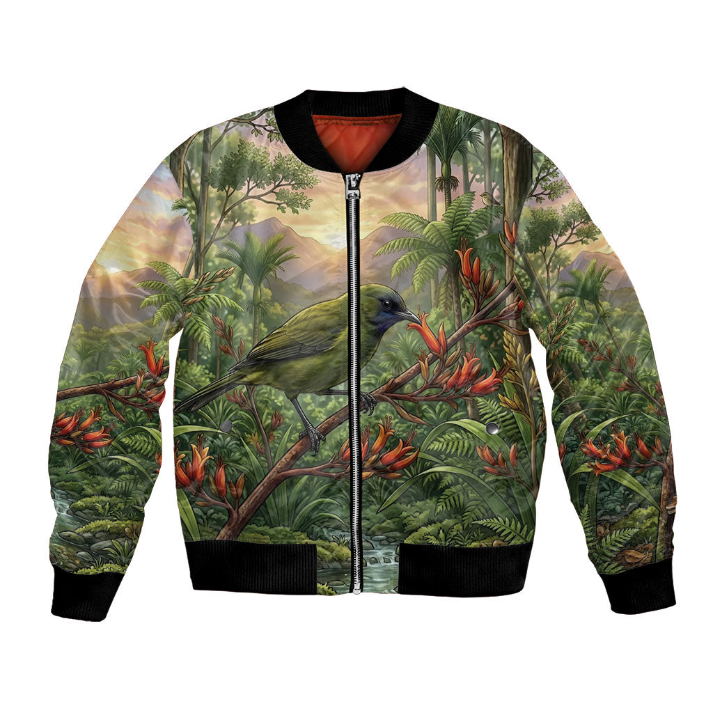 Bellbird New Zealand Personalised Bomber Jacket Korimako Harakeke Flower Native Forest LT22 Unisex Green - Polynesian Pride