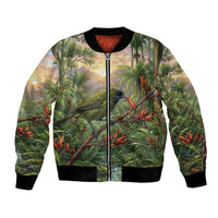Bellbird New Zealand Personalised Bomber Jacket Korimako Harakeke Flower Native Forest LT22 Unisex Green - Polynesian Pride