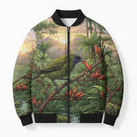 Bellbird New Zealand Personalised Bomber Puffer Jacket Korimako Harakeke Flower Native Forest