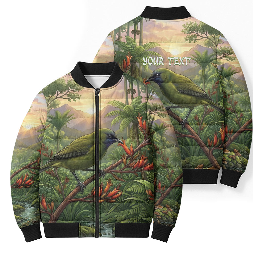 Bellbird New Zealand Personalised Bomber Puffer Jacket Korimako Harakeke Flower Native Forest