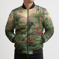 Bellbird New Zealand Personalised Bomber Puffer Jacket Korimako Harakeke Flower Native Forest