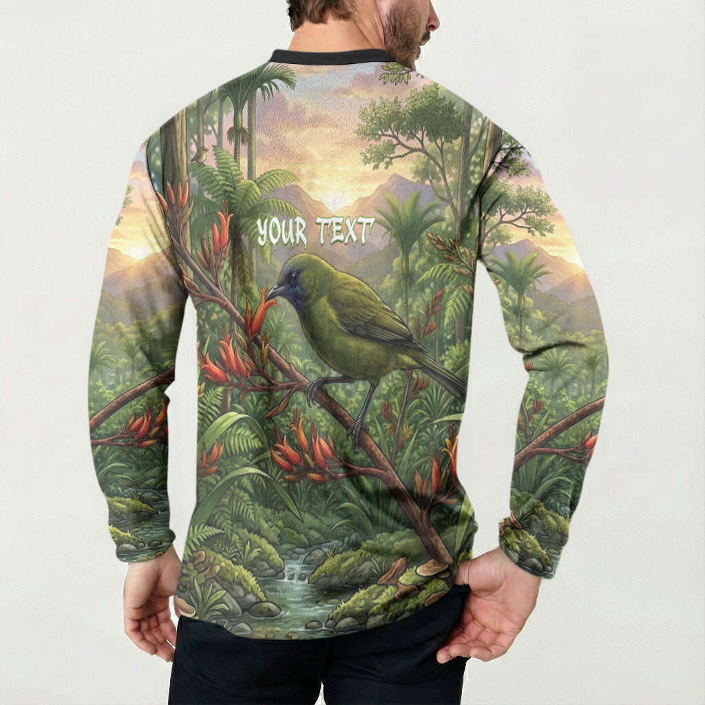 Bellbird New Zealand Personalised Button Sweatshirt Korimako Harakeke Flower Native Forest LT22 - Polynesian Pride