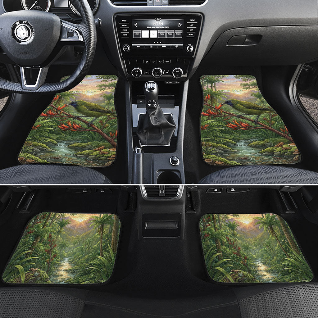 Bellbird New Zealand Personalised Car Mats Korimako Harakeke Flower Native Forest LT22 Set 4pcs Green - Polynesian Pride