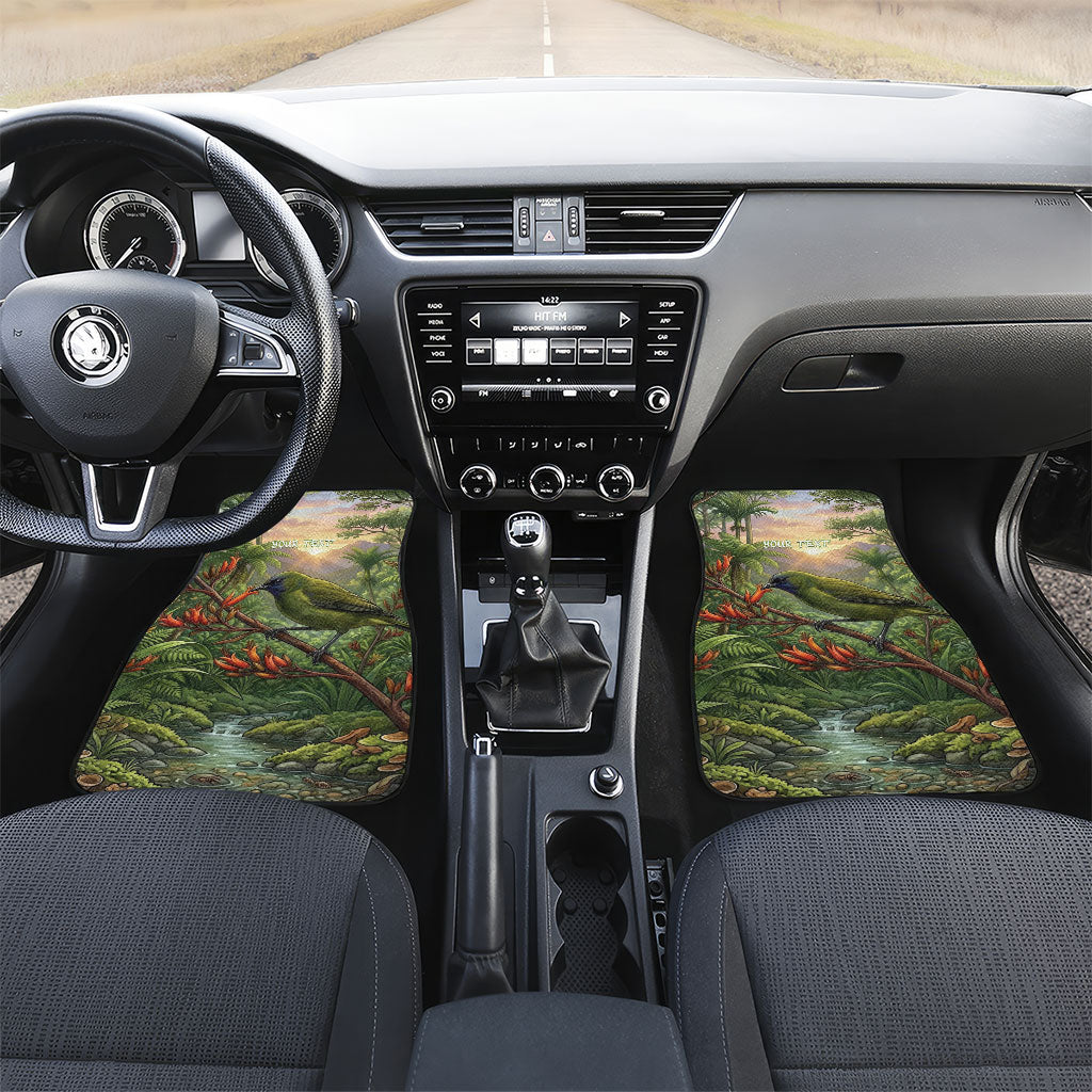 Bellbird New Zealand Personalised Car Mats Korimako Harakeke Flower Native Forest LT22 Set 2pcs - Front Green - Polynesian Pride