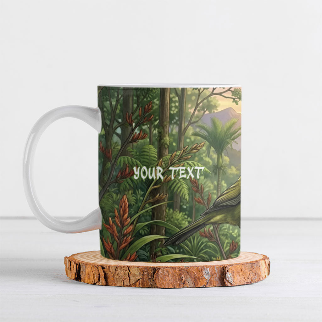 Bellbird New Zealand Personalised Ceramic Mug Korimako Harakeke Flower Native Forest LT22 Green - Polynesian Pride