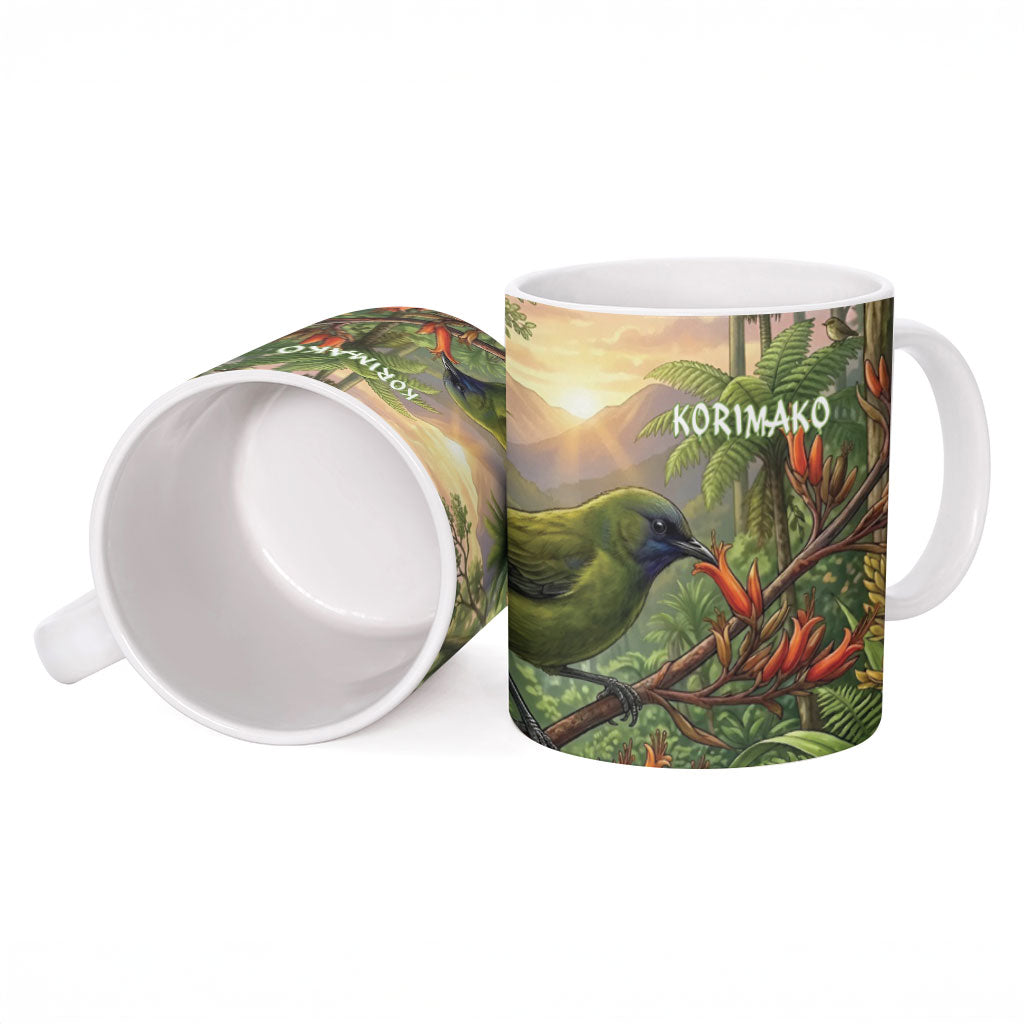 Bellbird New Zealand Personalised Ceramic Mug Korimako Harakeke Flower Native Forest LT22 - Polynesian Pride