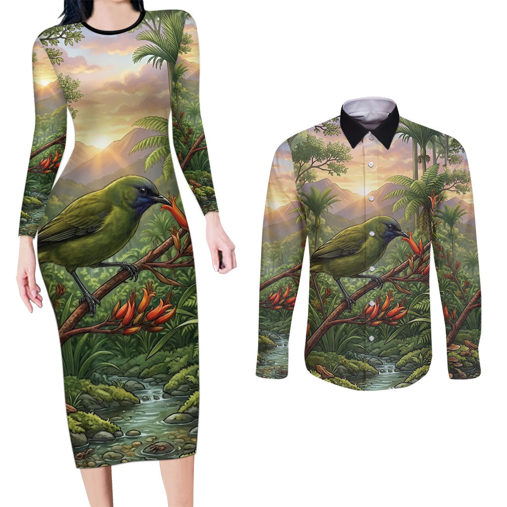 Bellbird New Zealand Personalised Couples Matching Long Sleeve Bodycon Dress and Long Sleeve Button Shirt Korimako Harakeke Flower Native Forest