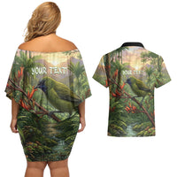 Bellbird New Zealand Personalised Couples Matching Off Shoulder Short Dress and Hawaiian Shirt Korimako Harakeke Flower Native Forest