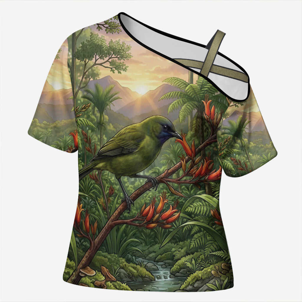 Bellbird New Zealand Personalised Cross Shoulder Shirt Korimako Harakeke Flower Native Forest LT22 Female Green - Polynesian Pride