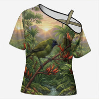 Bellbird New Zealand Personalised Cross Shoulder Shirt Korimako Harakeke Flower Native Forest LT22 Female Green - Polynesian Pride