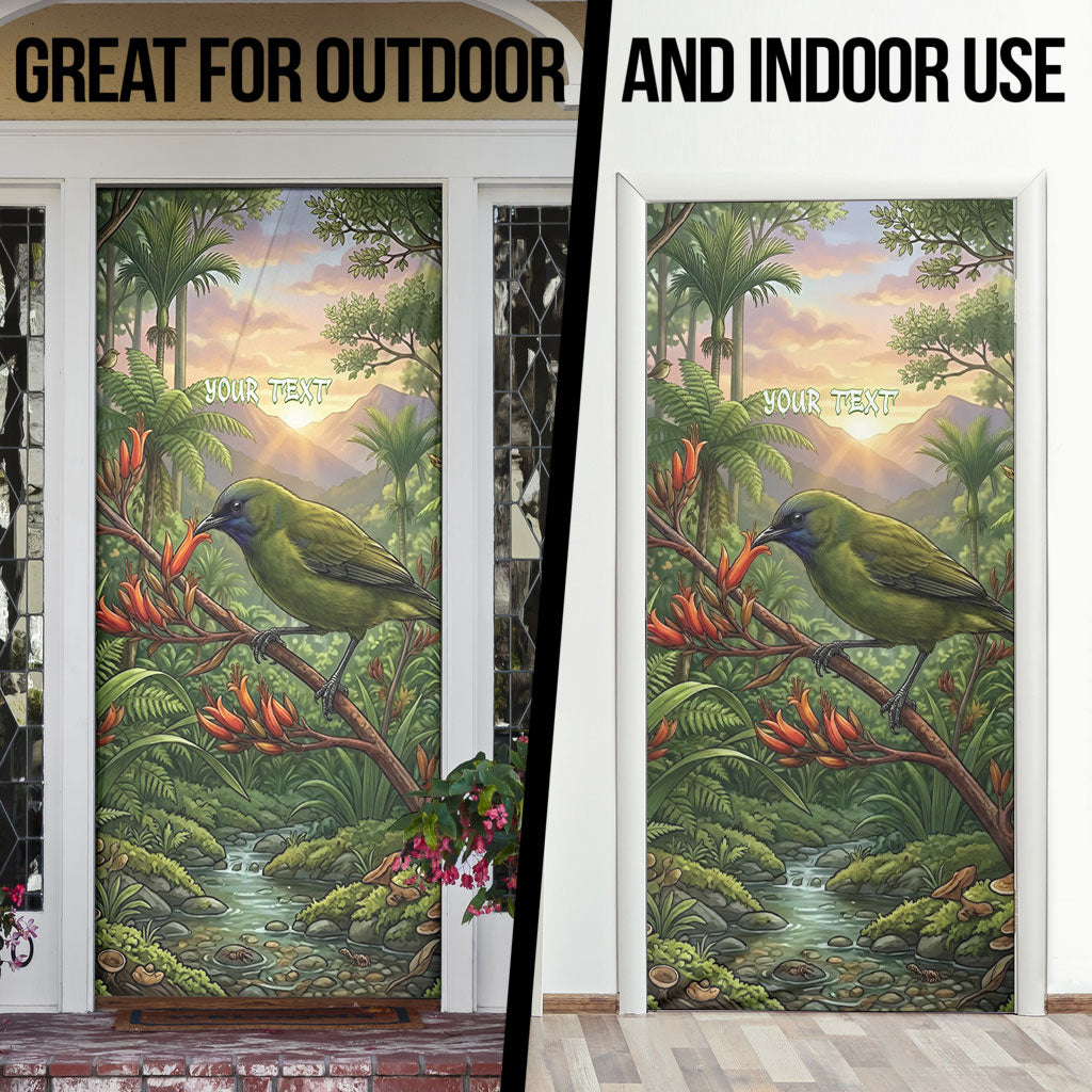 Bellbird New Zealand Personalised Door Cover Korimako Harakeke Flower Native Forest LT22 - Polynesian Pride