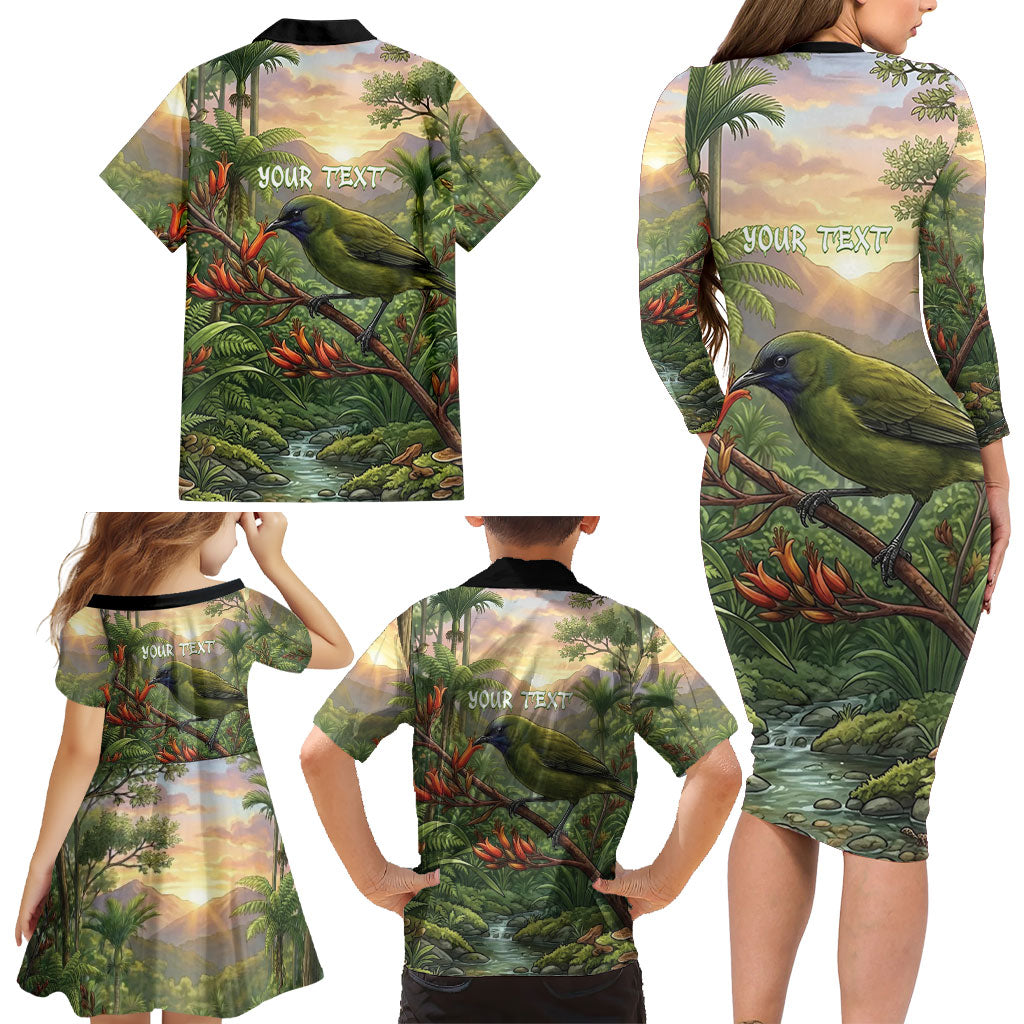 Bellbird New Zealand Personalised Family Matching Long Sleeve Bodycon Dress and Hawaiian Shirt Korimako Harakeke Flower Native Forest
