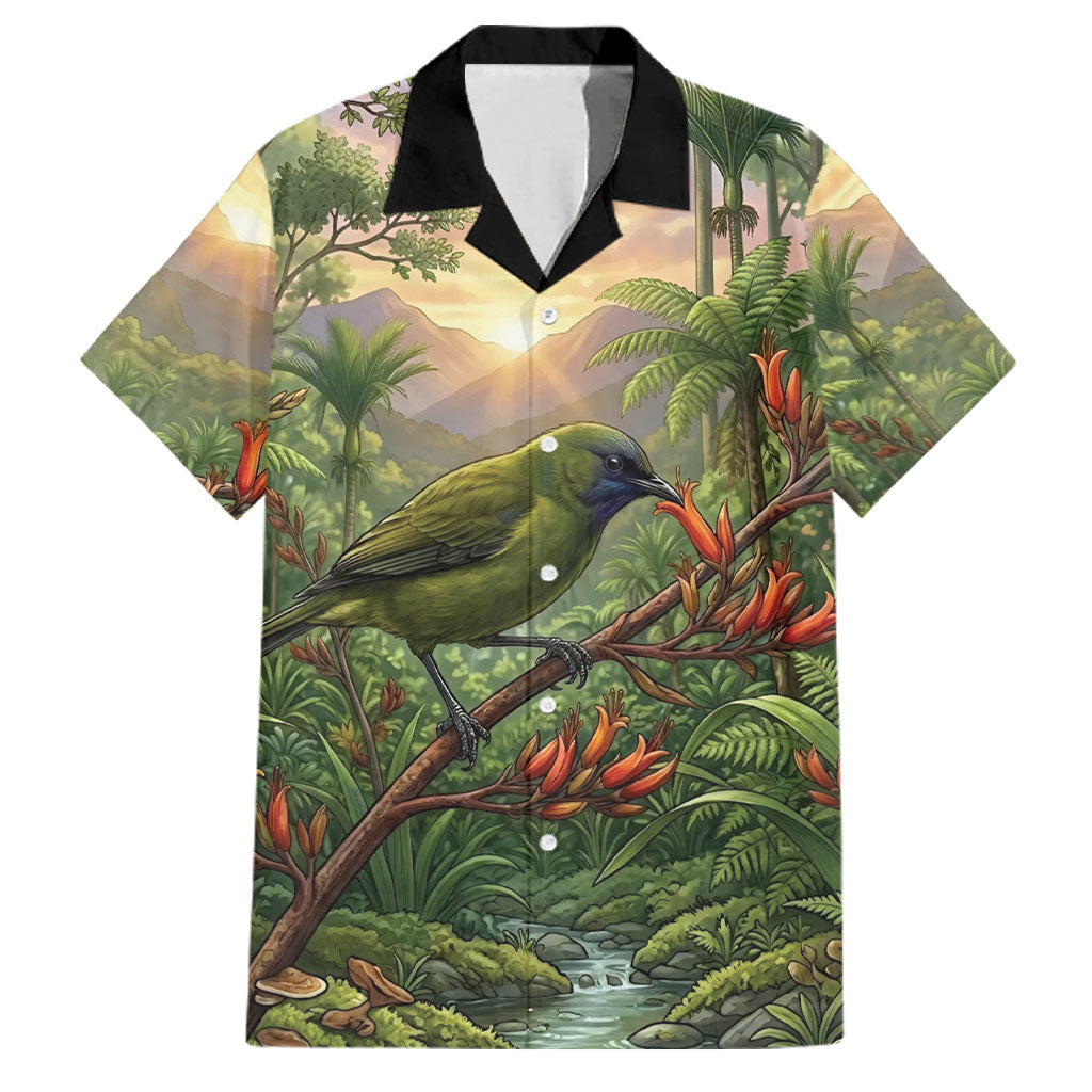 Bellbird New Zealand Personalised Family Matching Long Sleeve Bodycon Dress and Hawaiian Shirt Korimako Harakeke Flower Native Forest