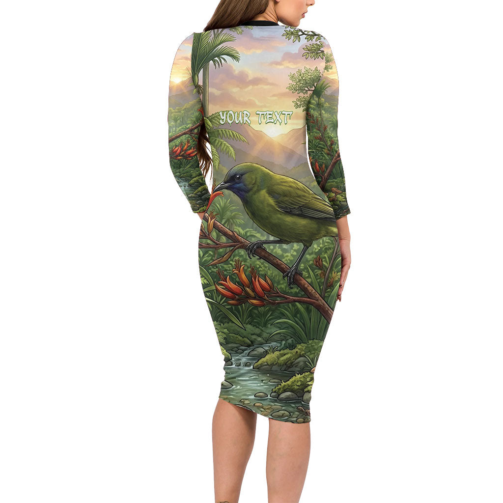 Bellbird New Zealand Personalised Family Matching Long Sleeve Bodycon Dress and Hawaiian Shirt Korimako Harakeke Flower Native Forest